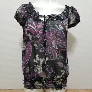 Belle Du Jour top Small abstract floral paisley print peasant tie neck keyhole